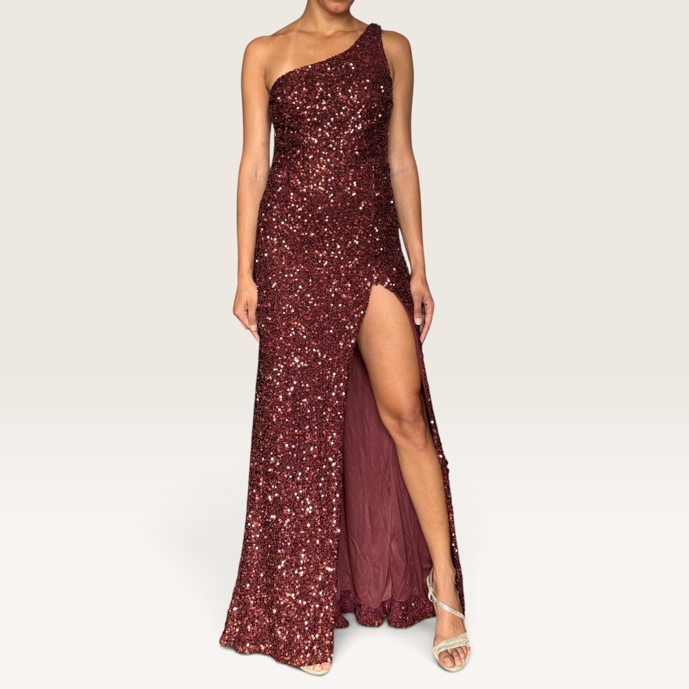 Windsor One Shoulder Sequin Brown Homecoming Dress Sequin Maxi Gown Small